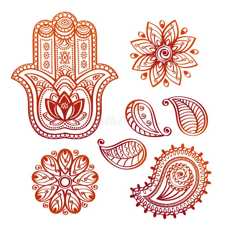 Éléments de griffonnage de tatouage de Mehndi avec la main de hamsa, le lotus indien et Paisley illustration de vecteur Éléments de griffonnage de tatouage de Mehndi avec la main de hamsa, le lotus indien et Paisley illustration de vecteur