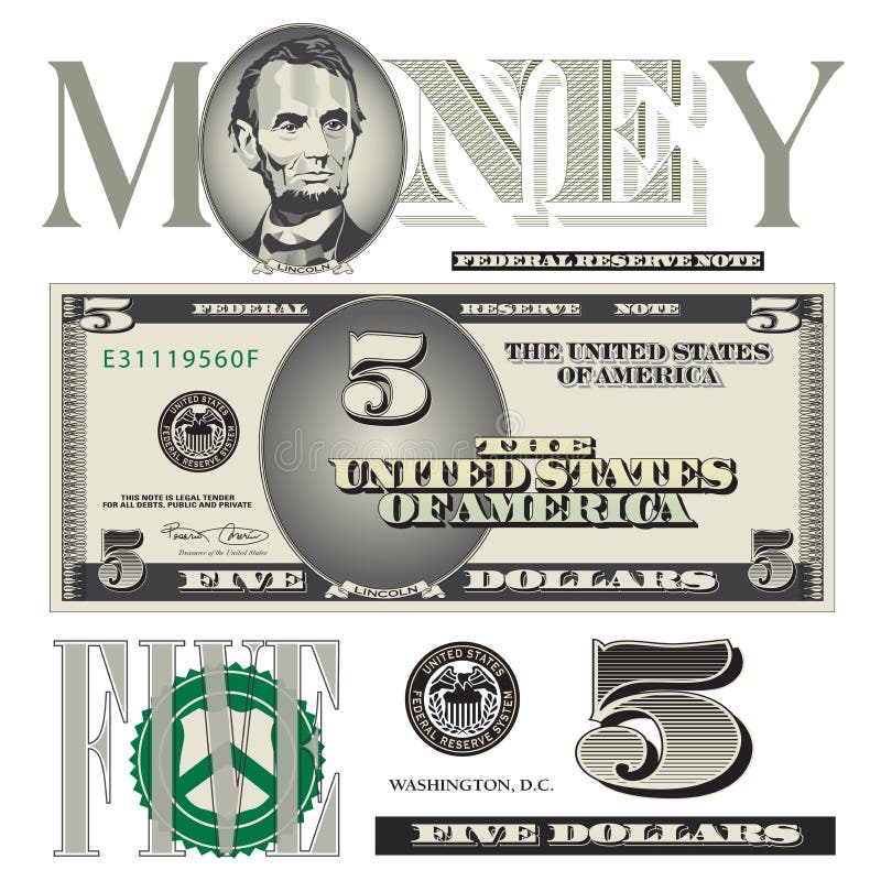 5 éléments divers de billet d'un dollar