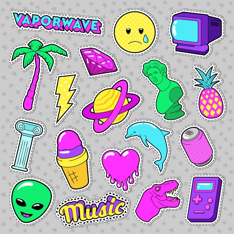 Éléments géniaux de mode de Vaporwave avec le coeur, la glace et la planète pour des autocollants, insignes illustration stock Éléments géniaux de mode de Vaporwave avec le coeur, la glace et la planète pour des autocollants, insignes illustration stock