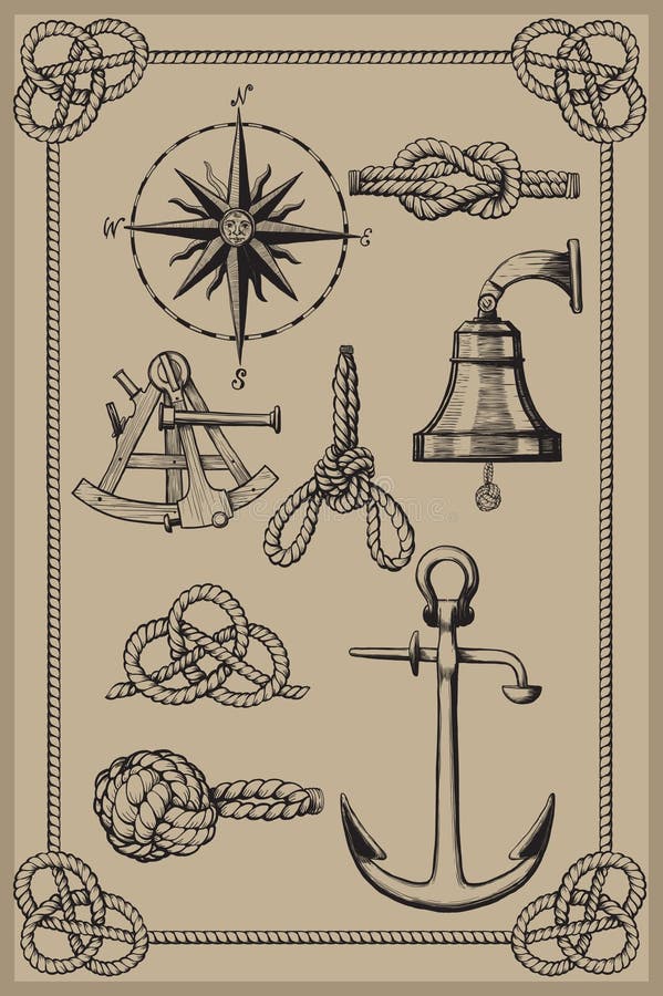 Nautical elements on vintage background. drawing woodcut method. Nautical elements on vintage background. drawing woodcut method.