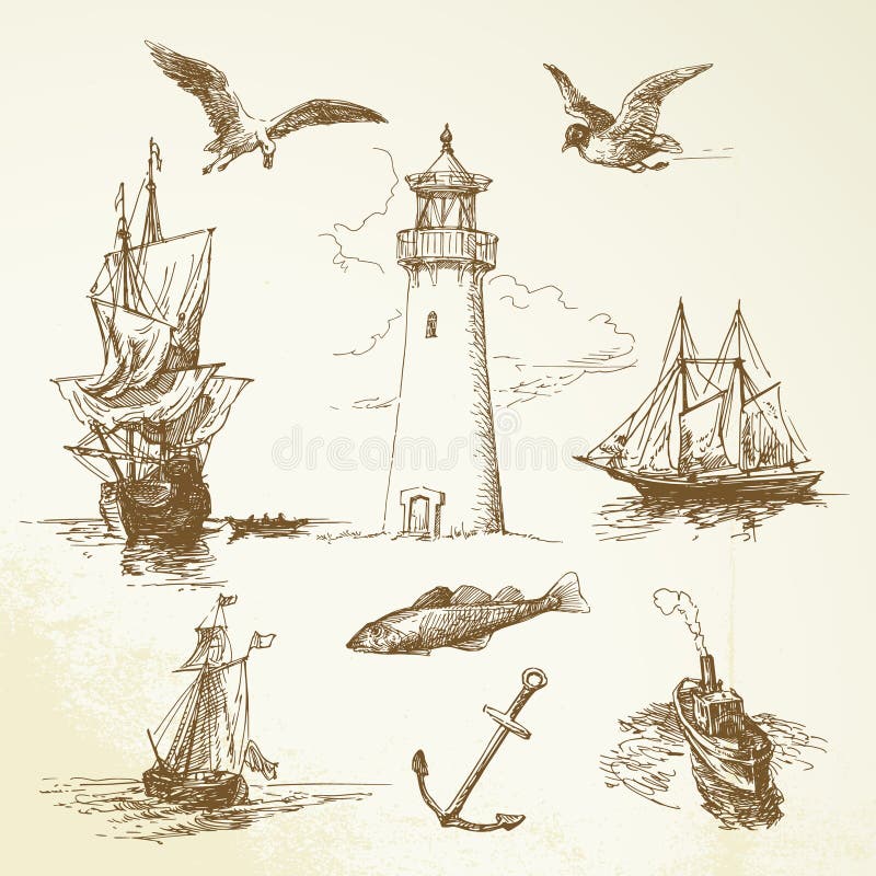 Hand drawn illustration - nautical elements. Hand drawn illustration - nautical elements