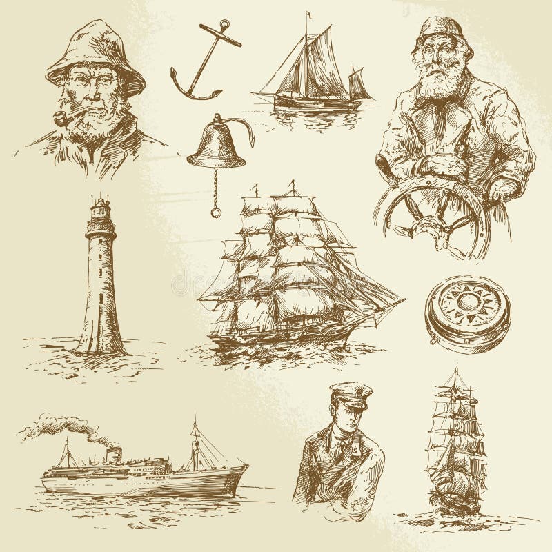 Nautical elements - hand drawn set. Nautical elements - hand drawn set