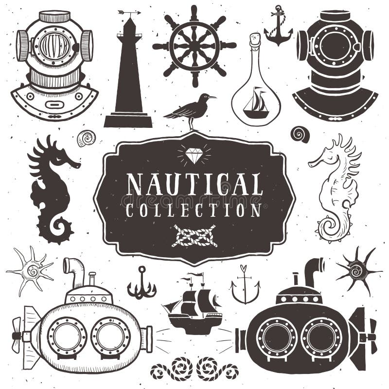 Vintage hand drawn elements in nautical style. Vol.2 Vector illustrations on white background. Vintage hand drawn elements in nautical style. Vol.2 Vector illustrations on white background.