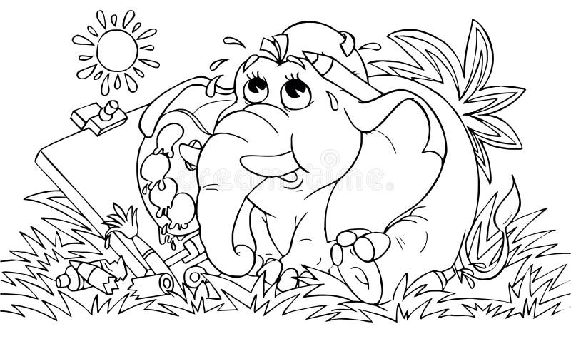 Black-and-white illustration (coloring page): funny elephant draws a picture. Black-and-white illustration (coloring page): funny elephant draws a picture