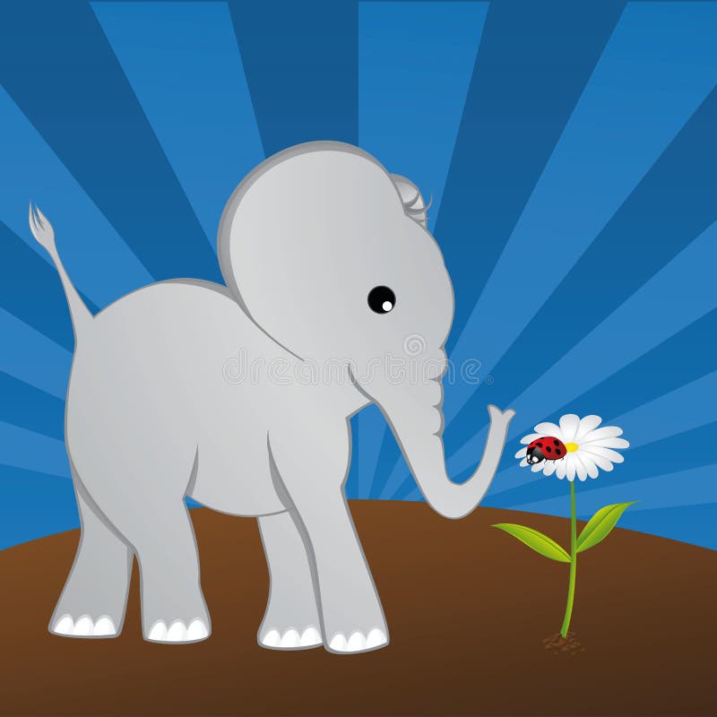 Lucky elephant looking at a ladybug on a daisy. Lucky elephant looking at a ladybug on a daisy