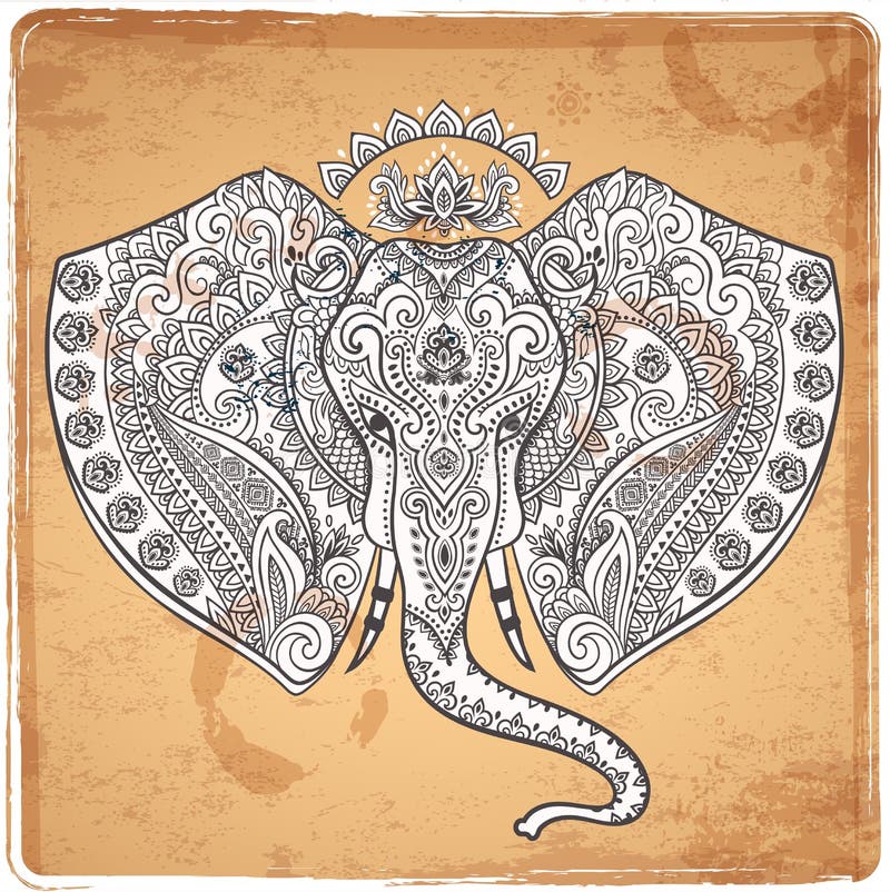 Vintage Indian elephant with tribal ornaments. Floral mandala greeting card. Vintage Indian elephant with tribal ornaments. Floral mandala greeting card.