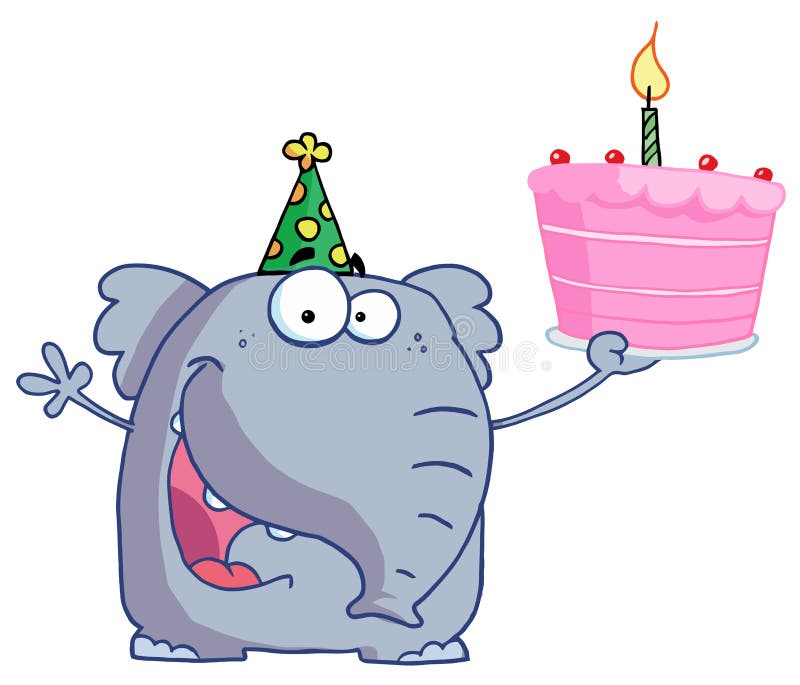 Happy Birthday Elephant In A Party Hat, Holding Up A Cake With A Lit Candle. Happy Birthday Elephant In A Party Hat, Holding Up A Cake With A Lit Candle