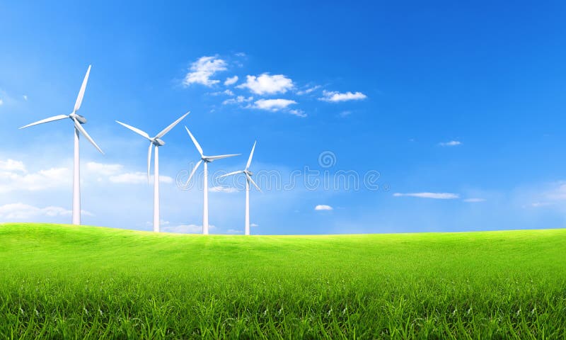Énergie renouvelable avec des turbines de vent Turbine de vent en collines vertes Fond environnemental d'écologie pour des présen photographie stock