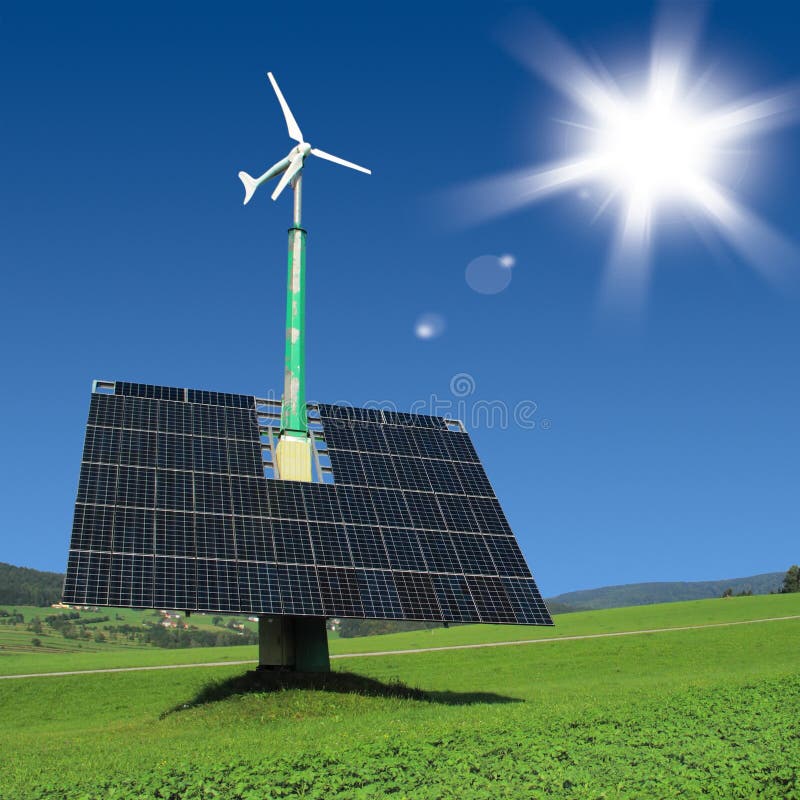 Panneaux solaires avec la turbine de vent images stock Panneaux solaires avec la turbine de vent images stock