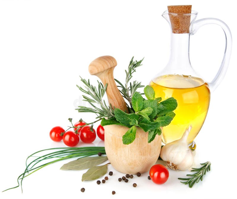 Épices fraîches avec les légumes et l'huile d'olive image stock Épices fraîches avec les légumes et l'huile d'olive image stock