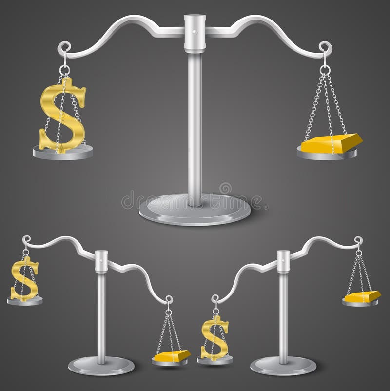 Équilibre entre le dollar et l'or. illustration stock Équilibre entre le dollar et l'or. illustration stock