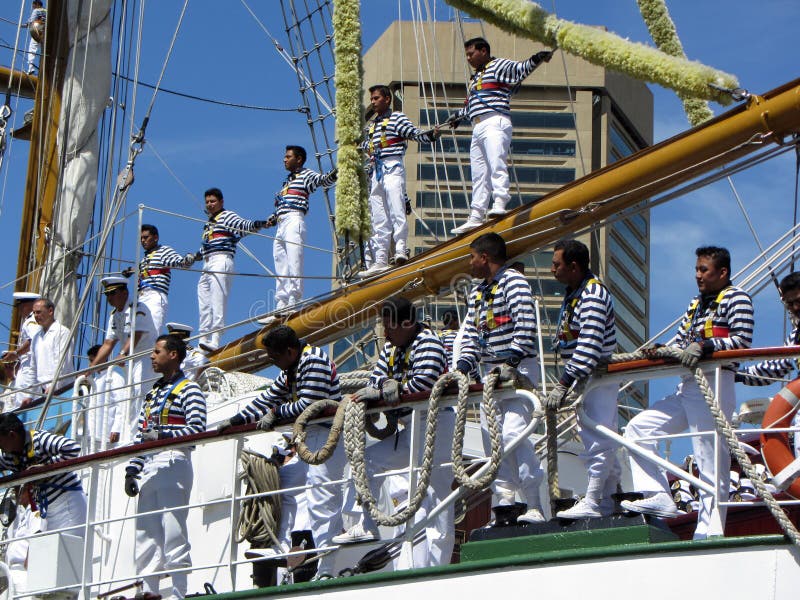 Photo of crew of tall mast ship called the cuauhtemoc in baltimore maryland on 6/13/12 for the bicentennial sailabration event. This ship is the cuauhtemoc from mexico with her crew standing on a spar and deck. The sailabration is a week long event that celebrates the victory of the war of 1812 in which the united states successfully defended fort mchenry against the british naval forces. Photo of crew of tall mast ship called the cuauhtemoc in baltimore maryland on 6/13/12 for the bicentennial sailabration event. This ship is the cuauhtemoc from mexico with her crew standing on a spar and deck. The sailabration is a week long event that celebrates the victory of the war of 1812 in which the united states successfully defended fort mchenry against the british naval forces.