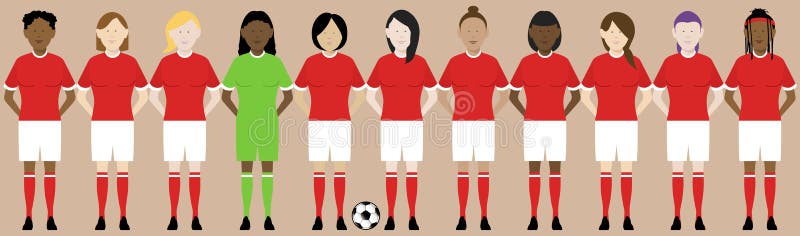 Line up of eleven multinational female football soccer players in red kit. EPS file available. Line up of eleven multinational female football soccer players in red kit. EPS file available