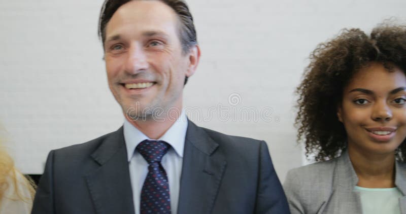 Équipe de sourire heureuse de course de mélange de gens d'affaires se tenant dans la ligne, groupe de collègues réussis banque de vidéos