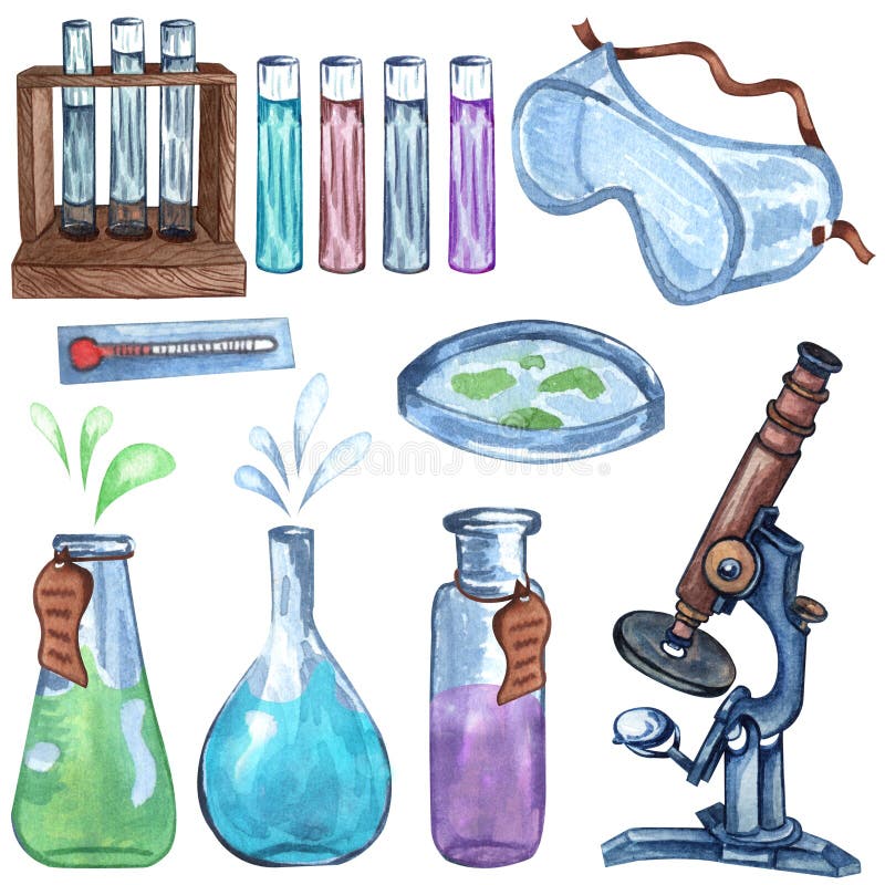 Watercolor chemistry laboratory equipment of tubes and glass. Hand drawn illustration. School set. Watercolor chemistry laboratory equipment of tubes and glass. Hand drawn illustration. School set.