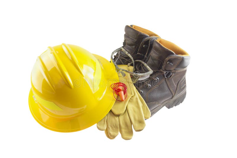 Personal protective equipment or PPE including leather boots, leather gloves, foam ear plugs, safety glasses, and yellow hard hat. Personal protective equipment or PPE including leather boots, leather gloves, foam ear plugs, safety glasses, and yellow hard hat