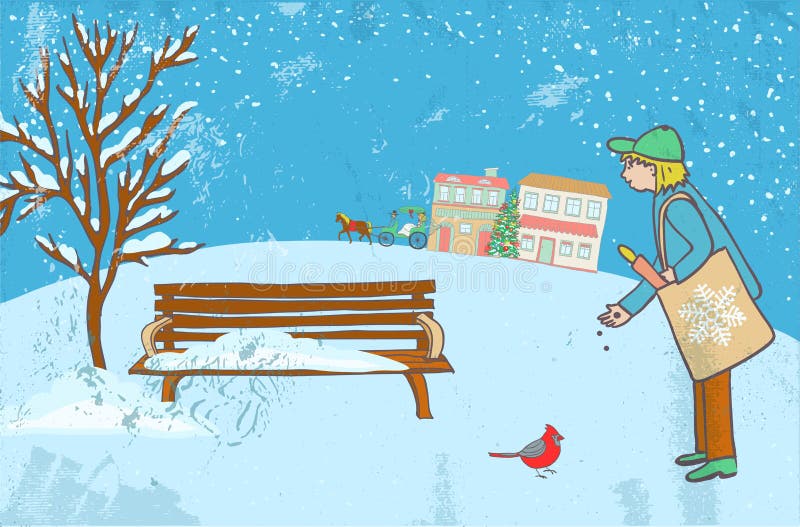 Équipez alimenter un oiseau d'hiver et un couple dans un chariot de cheval, un arbre de Noël et des bâtiments de ville sur un fon illustration stock Équipez alimenter un oiseau d'hiver et un couple dans un chariot de cheval, un arbre de Noël et des bâtiments de ville sur un fon illustration stock