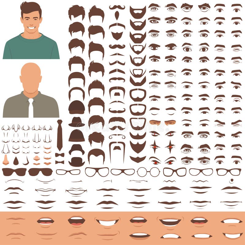 Équipez l'ensemble d'icône de pièces de visage, de tête de caractère, de yeux, de bouche, de lèvres, de cheveux et de sourcil