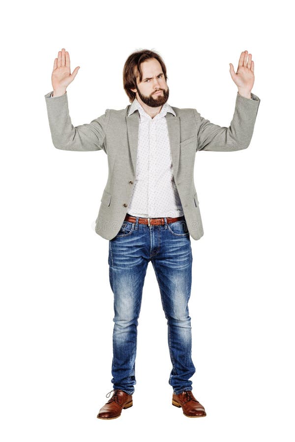 Équipez la pose avec des mains sur le fond blanc expr humain d'émotion images stock Équipez la pose avec des mains sur le fond blanc expr humain d'émotion images stock