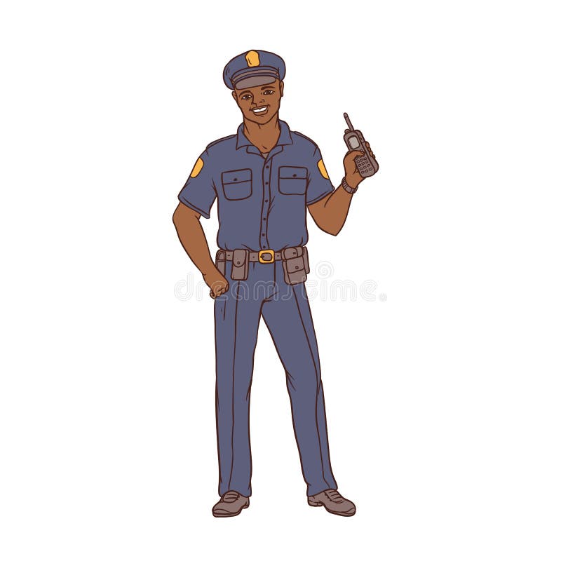 Équipez le policier noir dans l'uniforme et le chapeau avec une radio portative à disposition Sécurité de travailleur et police L illustration libre de droits Équipez le policier noir dans l'uniforme et le chapeau avec une radio portative à disposition Sécurité de travailleur et police L illustration libre de droits