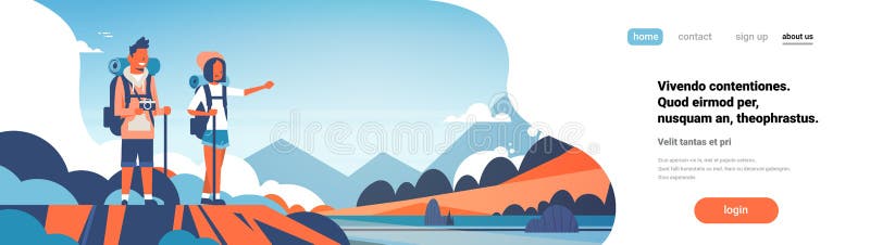 Équipez les sacs à dos de touristes de femme au-dessus de beaux couples de fond de paysage de nature augmentant l'espace plat de illustration libre de droits Équipez les sacs à dos de touristes de femme au-dessus de beaux couples de fond de paysage de nature augmentant l'espace plat de illustration libre de droits
