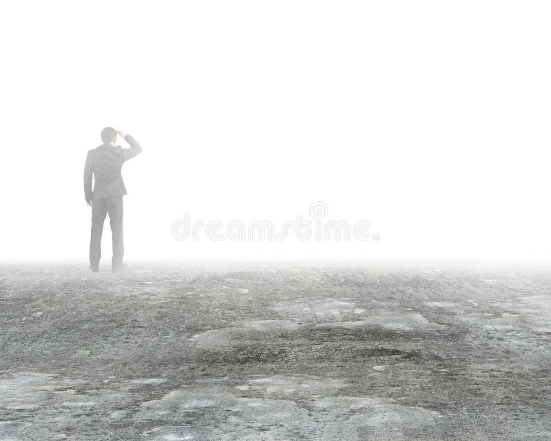 Man gazing and standing in mystery fog on dirty concrete floor. Man gazing and standing in mystery fog on dirty concrete floor