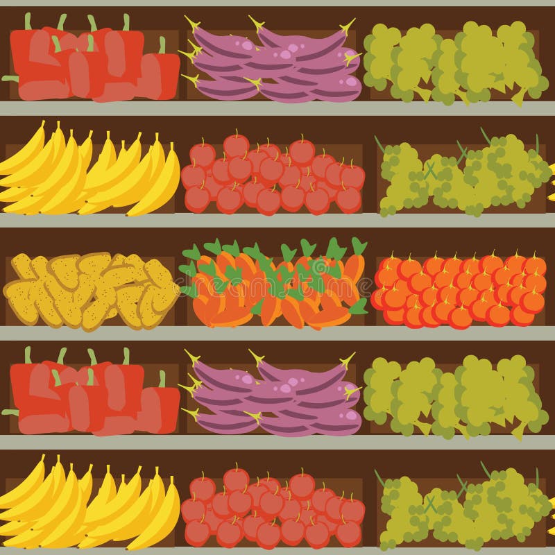 Étagère de fruits et légumes avec la nourriture saine fraîche dans le supermarché, grand choix de vente de produits biologiques d illustration libre de droits Étagère de fruits et légumes avec la nourriture saine fraîche dans le supermarché, grand choix de vente de produits biologiques d illustration libre de droits