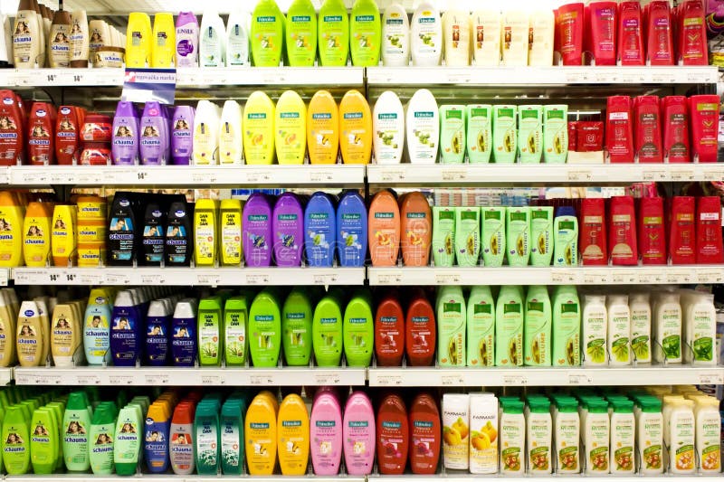 Supermarket shelf with shampoos, hair regenerators, etc, including Palmolive, Farmasi Schwarzkopf. Supermarket shelf with shampoos, hair regenerators, etc, including Palmolive, Farmasi Schwarzkopf...