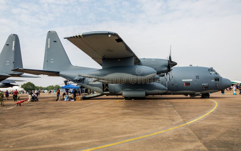 FAIRFORD / UNITED KINGDOM - JULY 13, 2018: United States Air Force USAF Lockheed HC-130H Hercules 92-2104 search and rescue SAR/CSAR aircraft static display at RIAT Royal International Air Tattoo 2018 airshow. FAIRFORD / UNITED KINGDOM - JULY 13, 2018: United States Air Force USAF Lockheed HC-130H Hercules 92-2104 search and rescue SAR/CSAR aircraft static display at RIAT Royal International Air Tattoo 2018 airshow