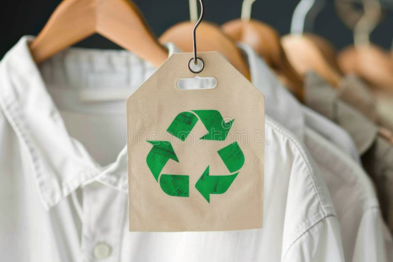 étiquette de vêtements d'artisanat avec symbole de recyclage vert sur chemise mâle. chemise en coton blanc accrochée à un cintre