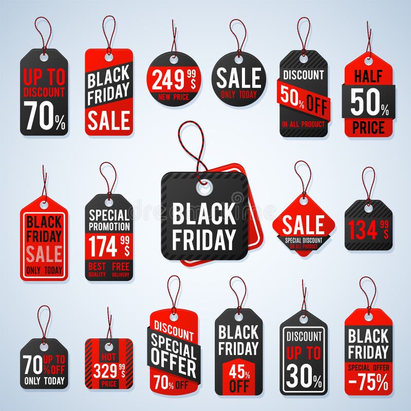 Étiquettes d'évaluation de vendredi et labels noirs de promotion avec des prix bon marché et de meilleures offres Signe au détail