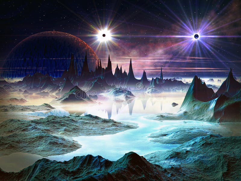 Étoiles de jumeau en orbite au-dessus d'horizontal d'étranger illustration stock Étoiles de jumeau en orbite au-dessus d'horizontal d'étranger illustration stock