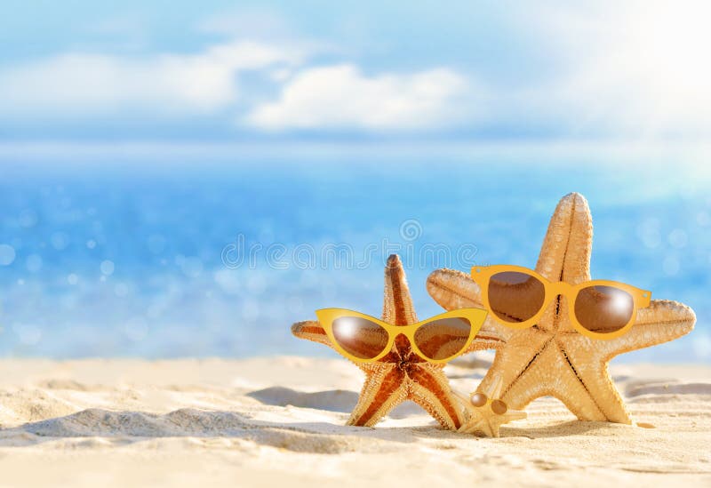 Étoiles de mer dans des lunettes de soleil sur le bord de la mer Plage images libres de droits Étoiles de mer dans des lunettes de soleil sur le bord de la mer Plage images libres de droits