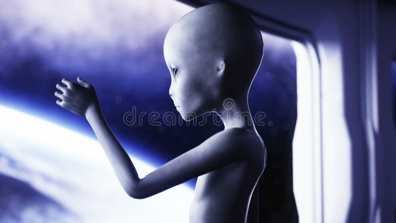 Étranger dans la chambre futuriste main atteignant avec la planète de la terre Concept futuriste d'UFO Animation 4k cinématograph