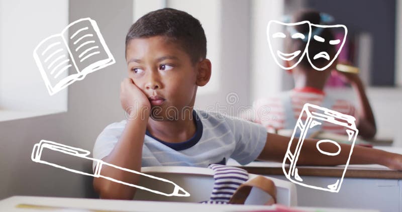 Étudiant ennuyé en classe entouré de fournitures scolaires et masques de théâtre animation banque de vidéos
