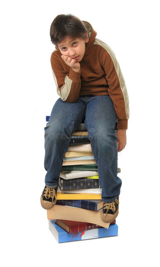 Student sitting on a pile of books. white background. Student sitting on a pile of books. white background