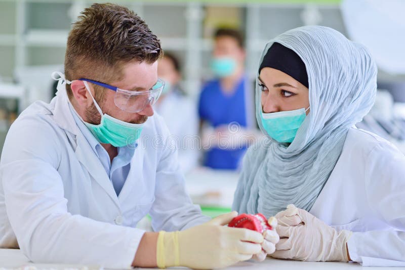 Étudiants arabes avec le hijab tout en travaillant au dentier, dents fausses images libres de droits Étudiants arabes avec le hijab tout en travaillant au dentier, dents fausses images libres de droits