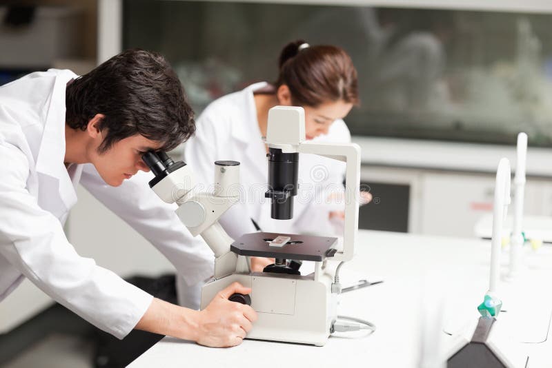 Étudiants sérieux de la science à l'aide d'un microscope photos libres de droits Étudiants sérieux de la science à l'aide d'un microscope photos libres de droits