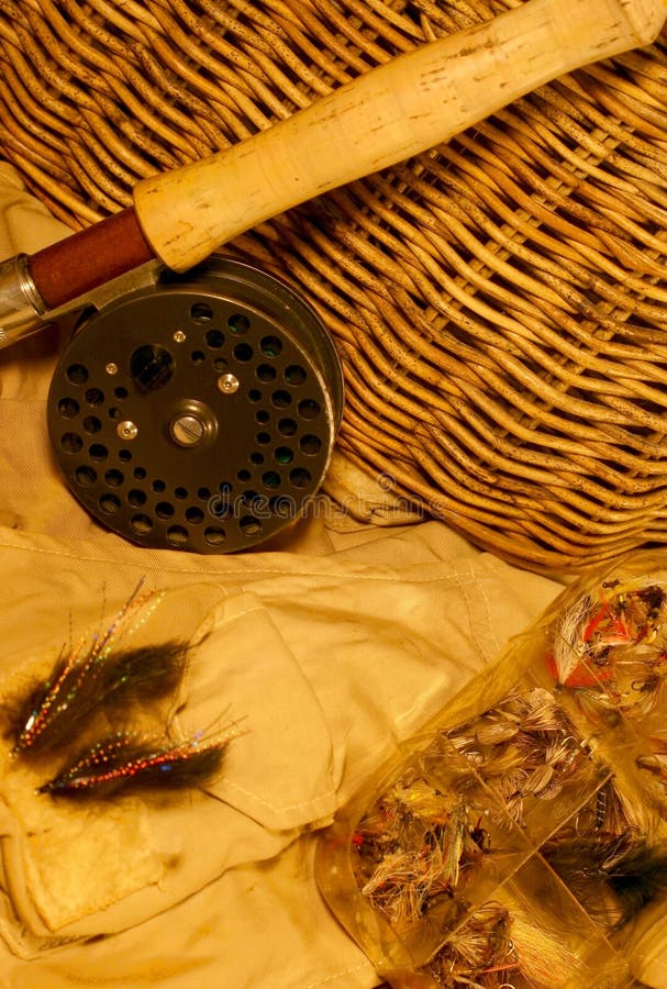 Vintage fishing creel with been fished tackle, vest, fly rod & reel. Vintage fishing creel with been fished tackle, vest, fly rod & reel