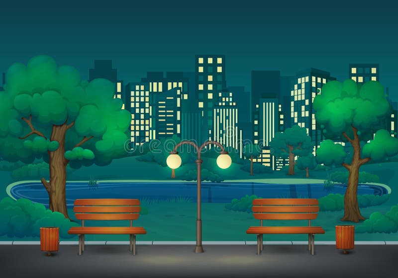 Été, scène de parc de nuit de ressort Deux bancs avec les poubelles et le réverbère sur une traînée de parc avec les arbres et le illustration libre de droits Été, scène de parc de nuit de ressort Deux bancs avec les poubelles et le réverbère sur une traînée de parc avec les arbres et le illustration libre de droits