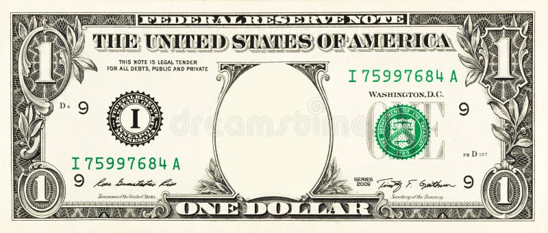 One dollar bill with copy space instead of Washington. One dollar bill with copy space instead of Washington