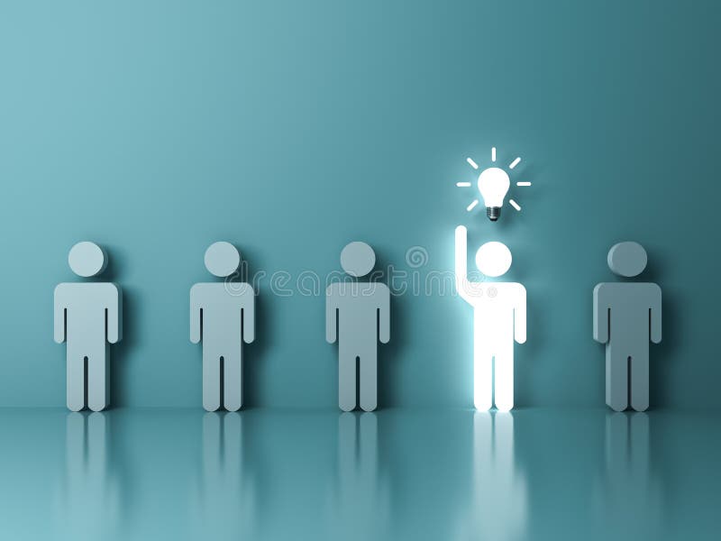 Één gloeiende lichte mens die zijn hand opheffen kreeg een ideebol onder andere mensen op lichtgroene pastelkleurachtergrond royalty-vrije illustratie Één gloeiende lichte mens die zijn hand opheffen kreeg een ideebol onder andere mensen op lichtgroene pastelkleurachtergrond royalty-vrije illustratie