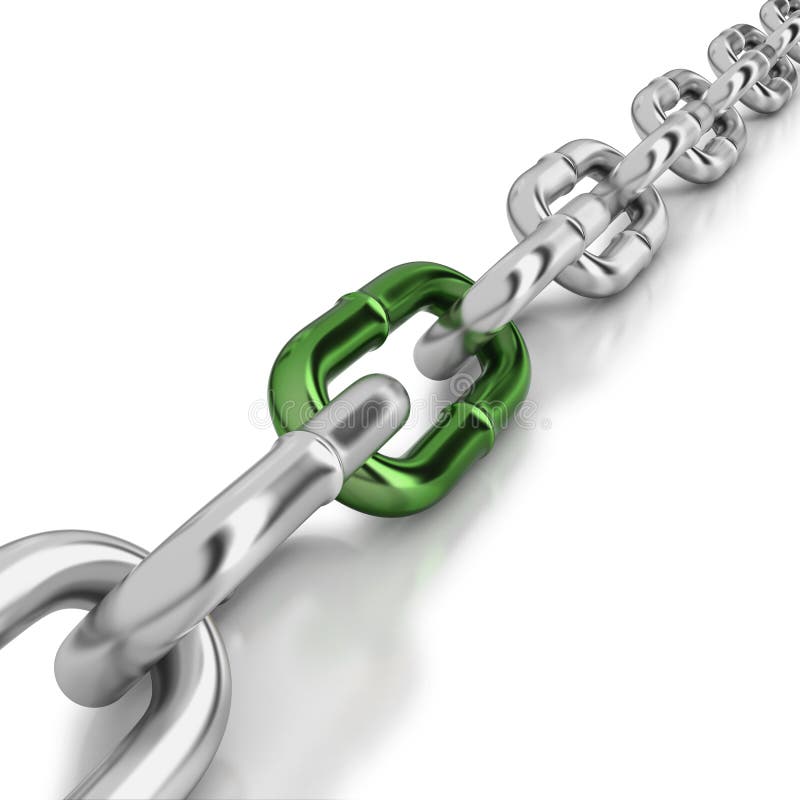 Chrome chain with a green link on white background. Chrome chain with a green link on white background