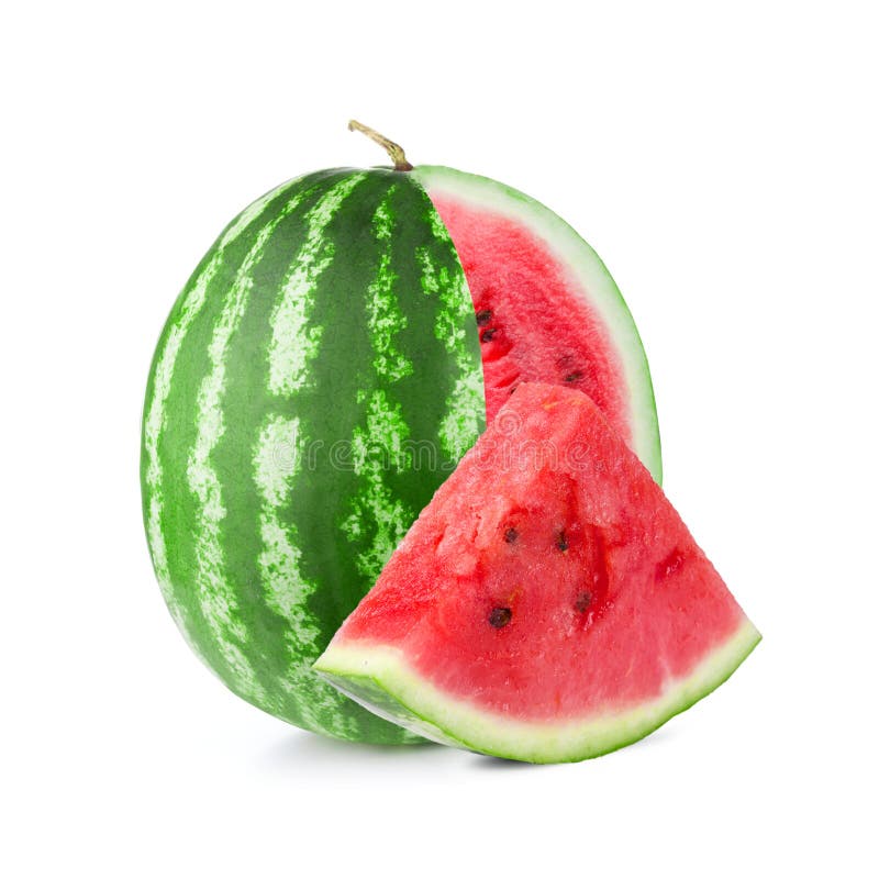 Één hakte, watermeloenfruit met een rood verwijderde die plak op witte achtergrond wordt geïsoleerd royalty-vrije stock foto Één hakte, watermeloenfruit met een rood verwijderde die plak op witte achtergrond wordt geïsoleerd royalty-vrije stock foto