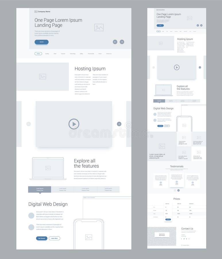 Één het ontwerpmalplaatje van de paginawebsite voor zaken Het landen pagina wireframe Digitaal Web Vlak modern ontvankelijk ontwe royalty-vrije illustratie Één het ontwerpmalplaatje van de paginawebsite voor zaken Het landen pagina wireframe Digitaal Web Vlak modern ontvankelijk ontwe royalty-vrije illustratie