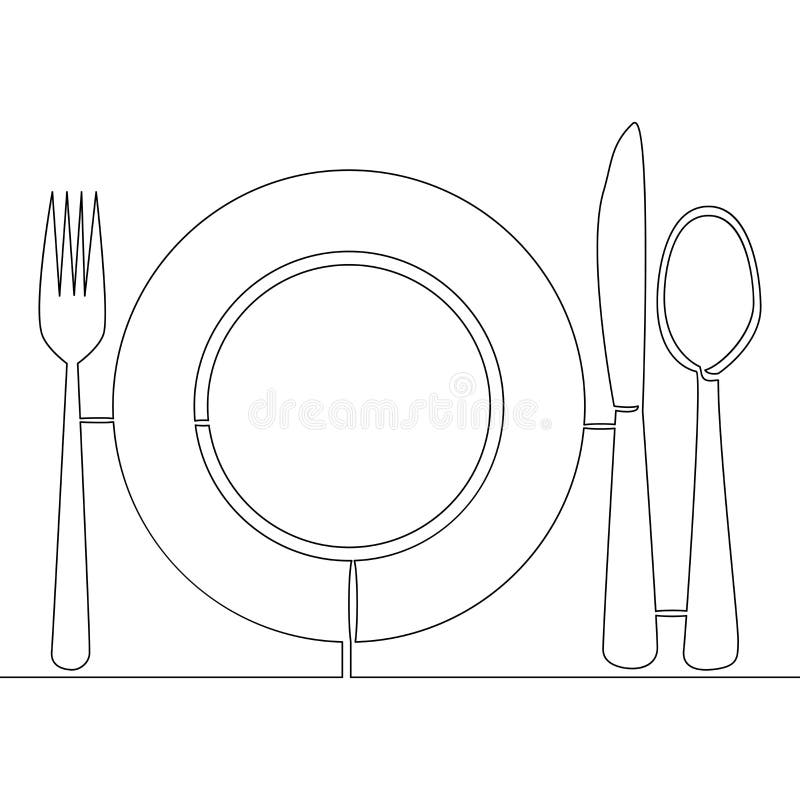 Één plaat, de lepel, khife en de vork van de lijntekening stock illustratie Één plaat, de lepel, khife en de vork van de lijntekening stock illustratie