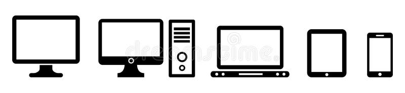 Ícone ajustado dos dispositivos da tecnologia do preto ilustração stock Ícone ajustado dos dispositivos da tecnologia do preto ilustração stock