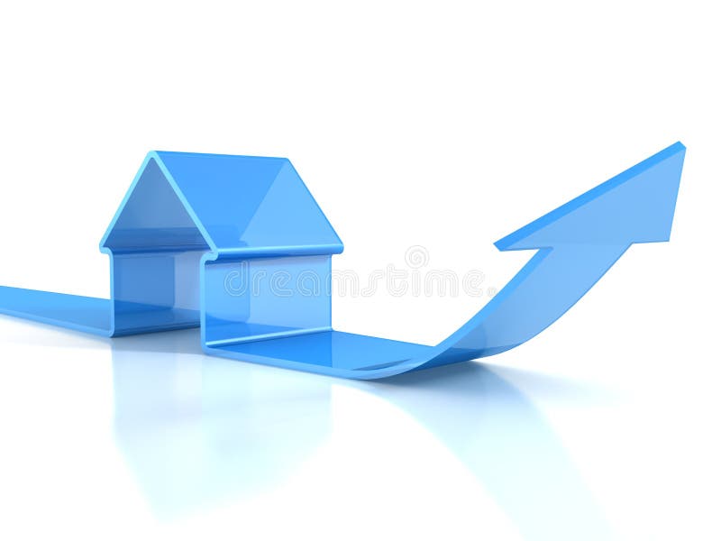 Ícone azul lustroso da casa com seta de aumentação. conceito dos bens imobiliários ilustração stock Ícone azul lustroso da casa com seta de aumentação. conceito dos bens imobiliários ilustração stock