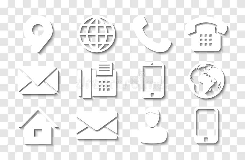 ícone branco de informações de contato definido com sombras para localização pin telefone celular fax pessoa e ícones de correio e
