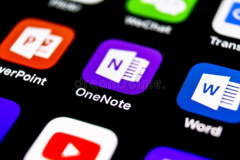 Sankt-Petersburg, September 30, 2018: Microsoft OneNote office application icon on Apple iPhone X screen close-up. Microsoft One Note app icon. Microsoft OneNote application. Social media network. Sankt-Petersburg, September 30, 2018: Microsoft OneNote office application icon on Apple iPhone X screen close-up. Microsoft One Note app icon. Microsoft OneNote application. Social media network